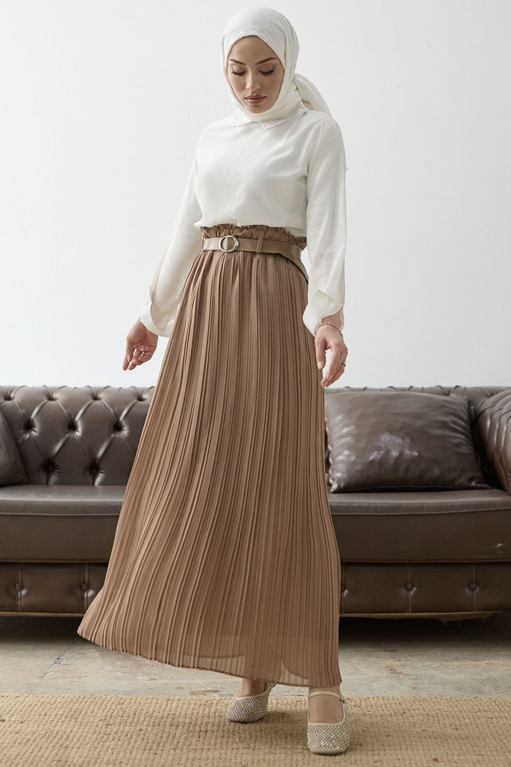 MDS Women Belted Waist Ruched Chiffon Skirt - Camel - Kozáni