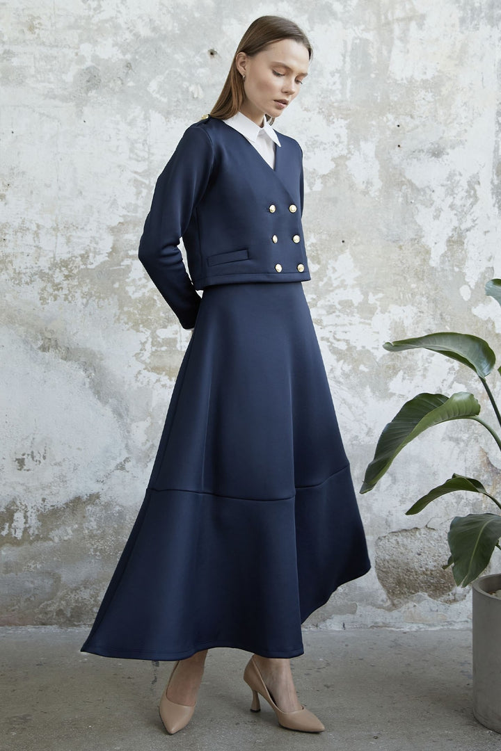 MDS Women Skirted Buttoned Jacket Scuba Suit - Navy - San Rafael
