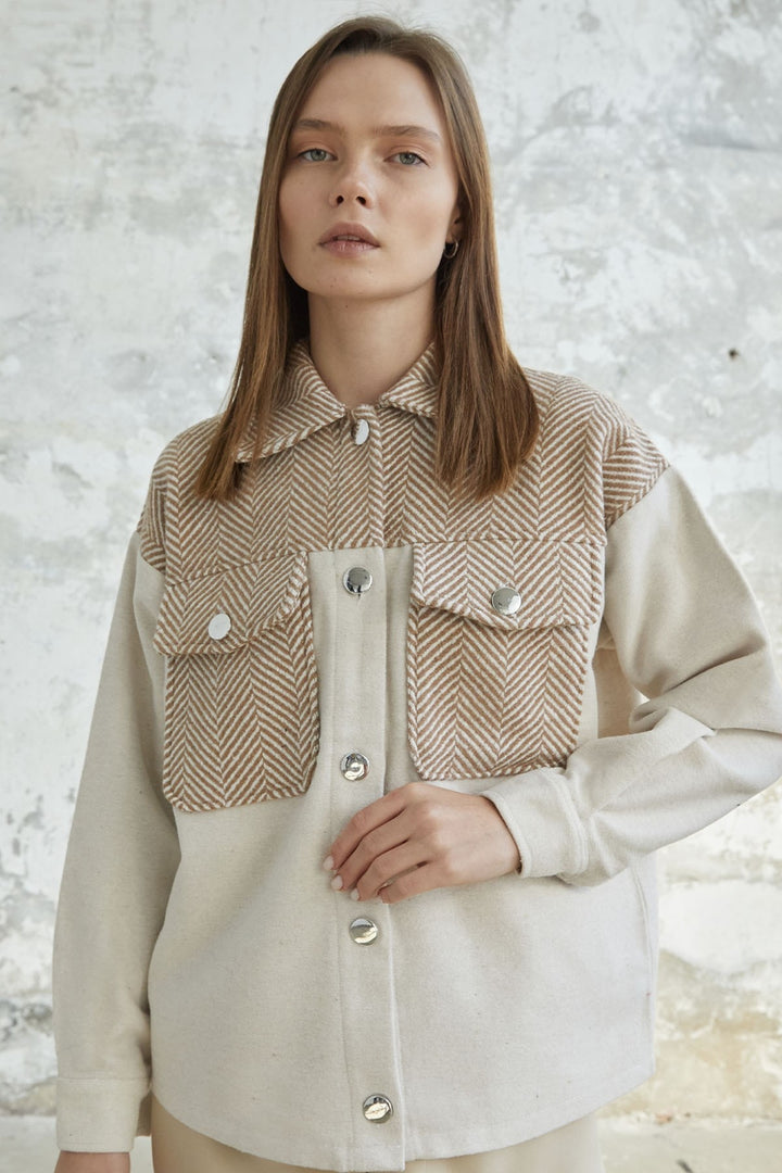 MDS Women Herringbone Patterned Pocketed Coat - Ecru - Chemnitz