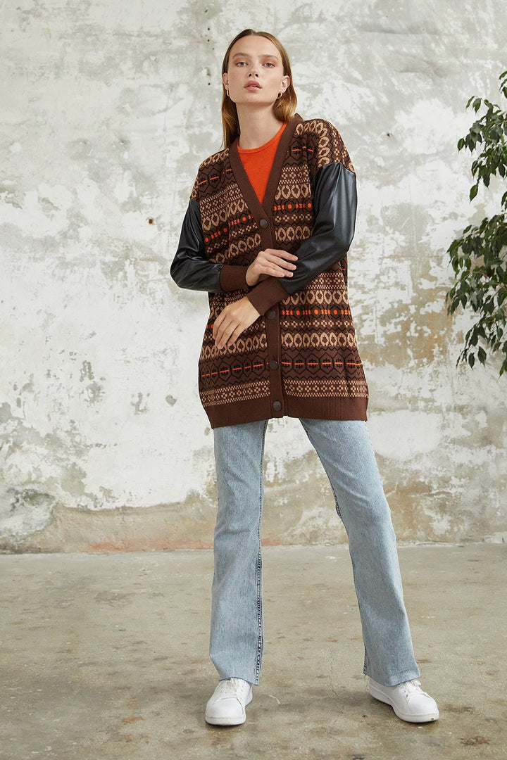 MDS Women Elis Collar Leather Cardigan - Brown - Jocotitlán