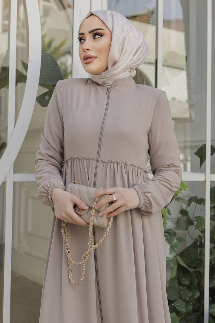 MDS Women Pleated Detail Zippered Abaya - Beige - Cedar Park