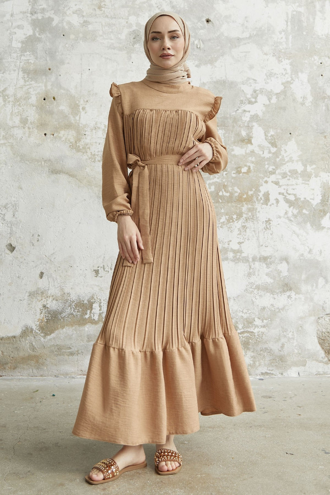 MDS Women Ruffle Trim Linen Dress with Puff Sleeves - Camel - Overland Park