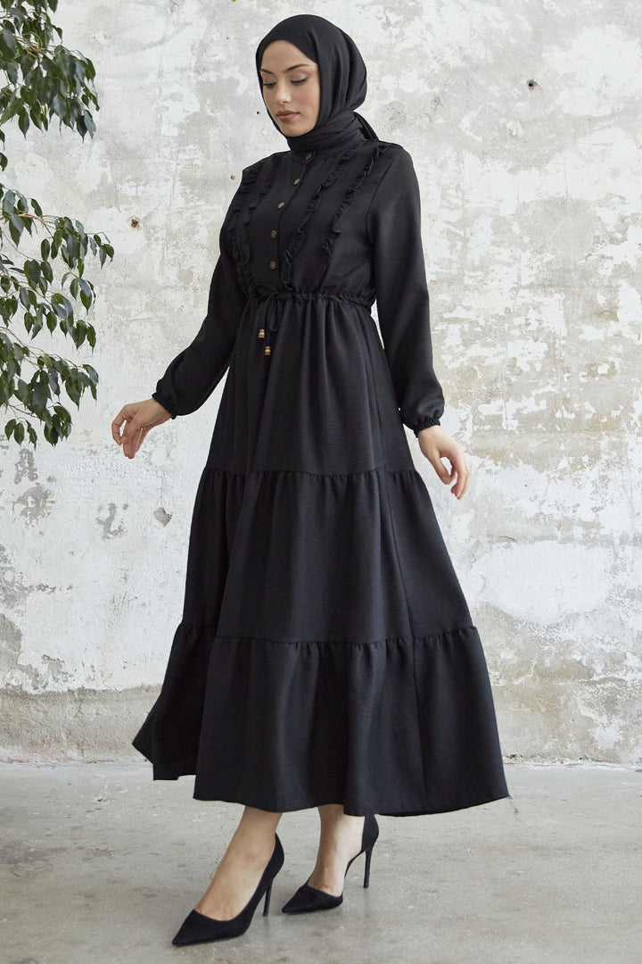 MDS Women Frilled Detail Buttoned A-line Dress - Black - Memmingen