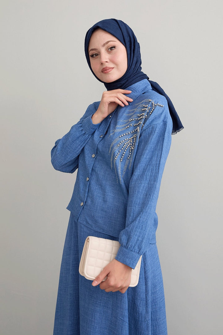 MDS Women Blue Linen Suit with Beaded Skirt - Marysville