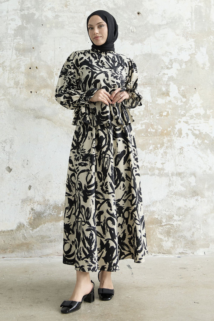 MDS Women Sleeve Tied Patterned Skirt Suit - Black - Beveren