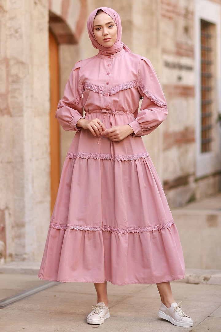 MDS Women Guipure Detail Balloon Sleeve Dress - Rose Pink - Sayreville