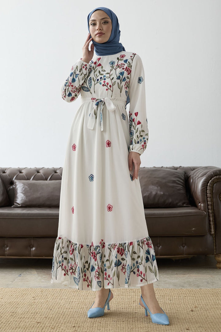 MDS Women Mixed Flower Embroidered Chiffon Dress - White - Bradford