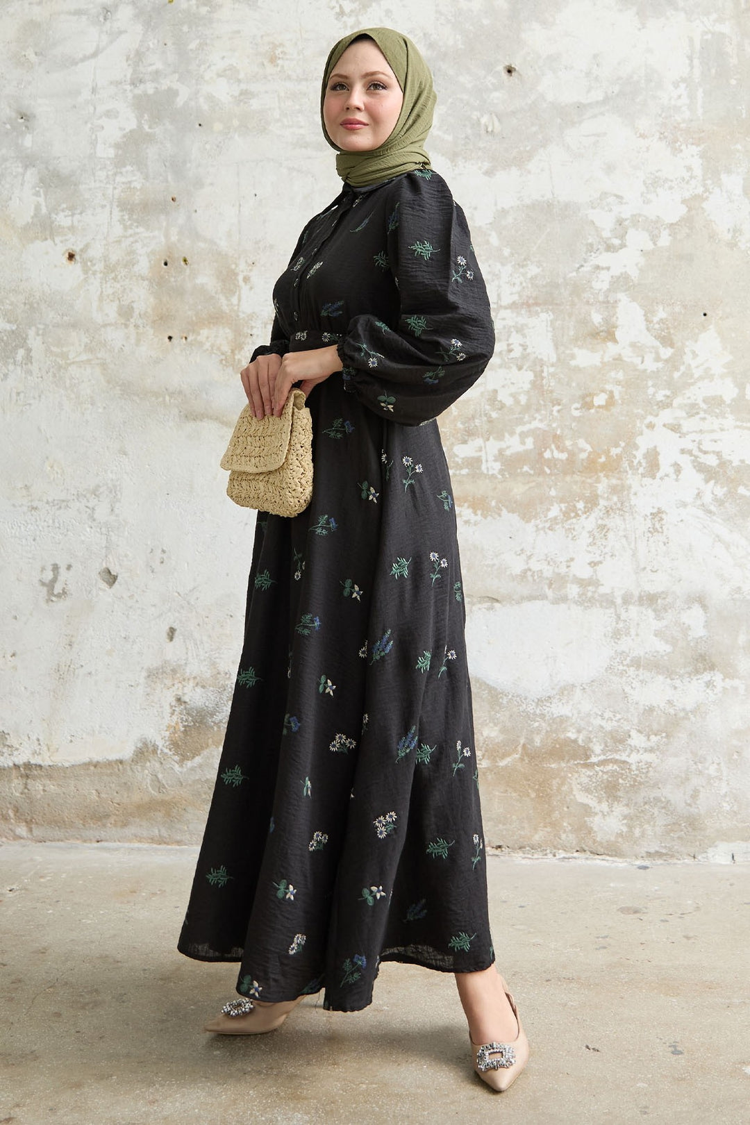 MDS Women Shirt Collar Embroidered Black Dress - Huntersville