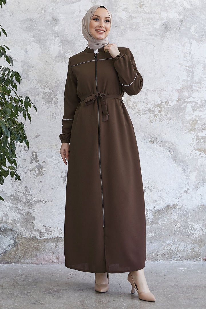 MDS Women Milena Embroidered Detail Belted Abaya - Brown - Monrovia