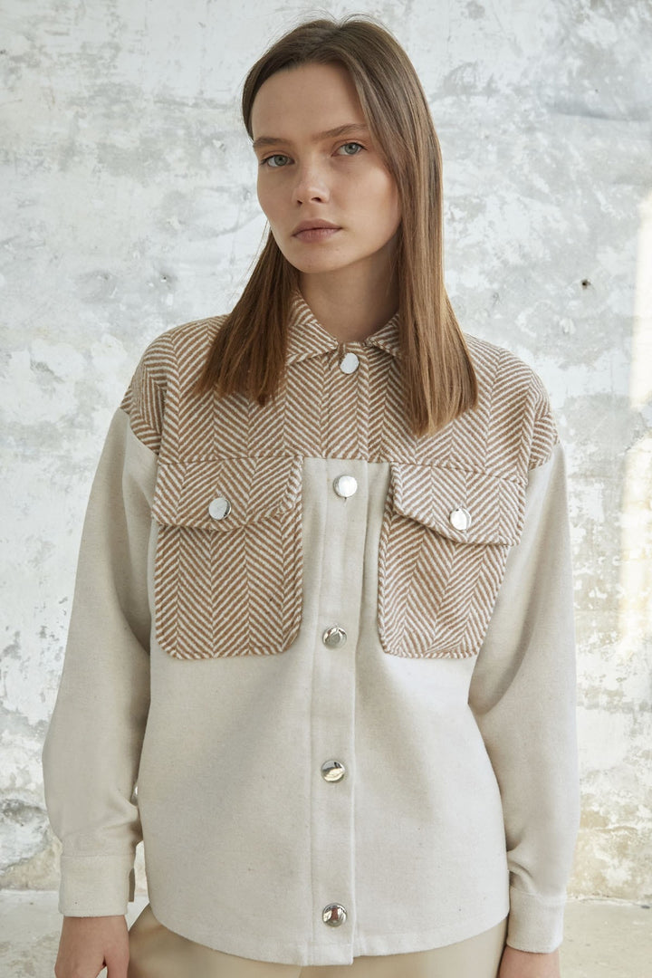 MDS Women Herringbone Patterned Pocketed Coat - Ecru - Chemnitz
