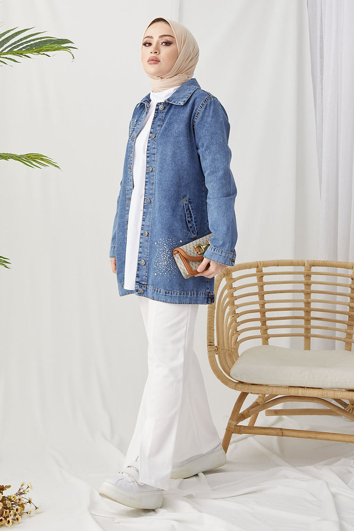 MDS Women Pearl Detailed Denim Jacket - Ice Blue - Bayreuth