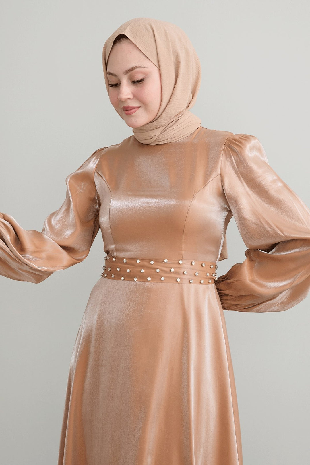 MDS Women Stone Belted Sparkly Brown Satin Dress - Culiacán