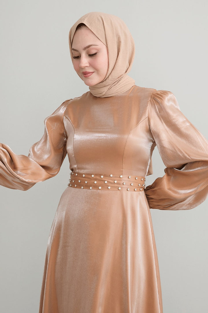 MDS Women Stone Belted Sparkly Brown Satin Dress - Culiacán