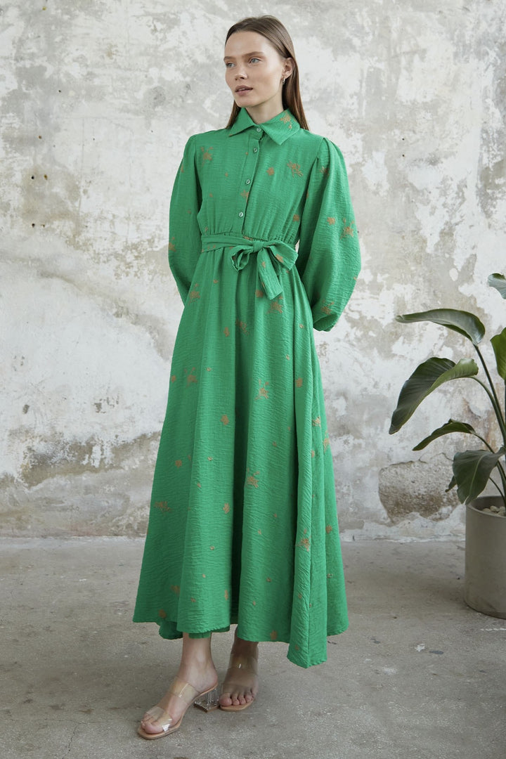 MDS Women Belted Embroidered Dress - Green - Abington