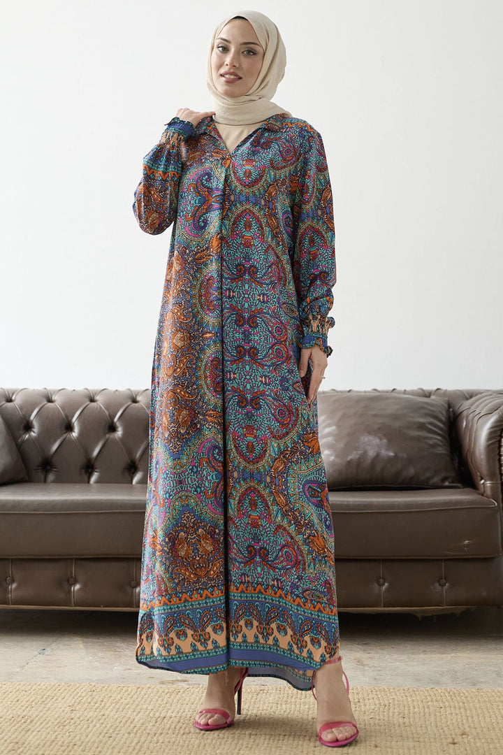 MDS Women Mandarin Collar Ethnic Pattern Viscose Dress - Blue - San Juan del Río