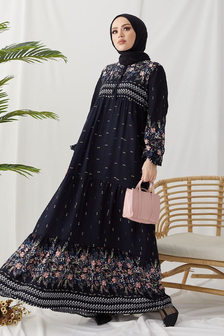 MDS Women Flowy Dress with Watery Pattern - Dark Navy - Nuremberg