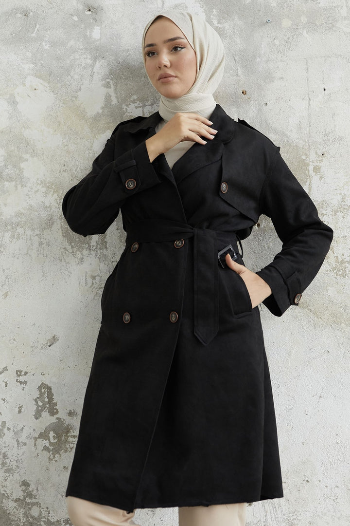 MDS Women Minka Belted Scuba Diving Trench Coat - Black - Peabody