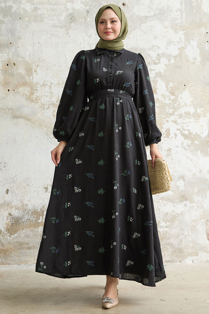 MDS Women Shirt Collar Embroidered Black Dress - Huntersville