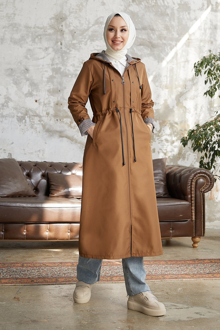 MDS Women Checked Striped Pattern Long Trench Coat - Tan - Messina