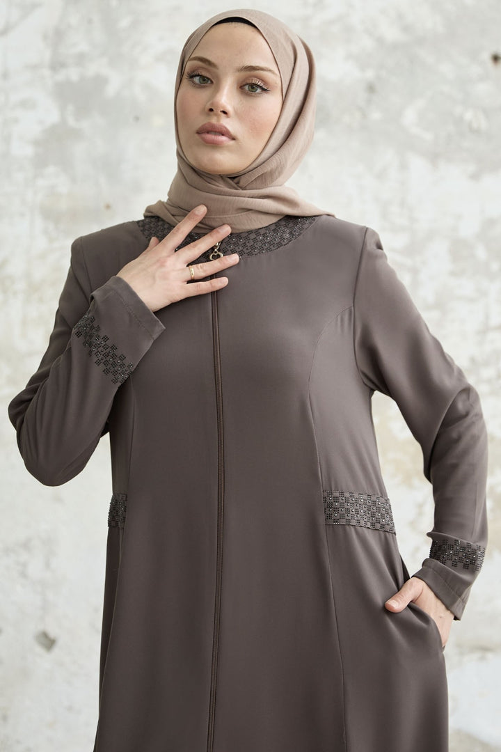 MDS Women Stone-embellished Abaya with Collar and Sleeves - Coffee - Penafiel