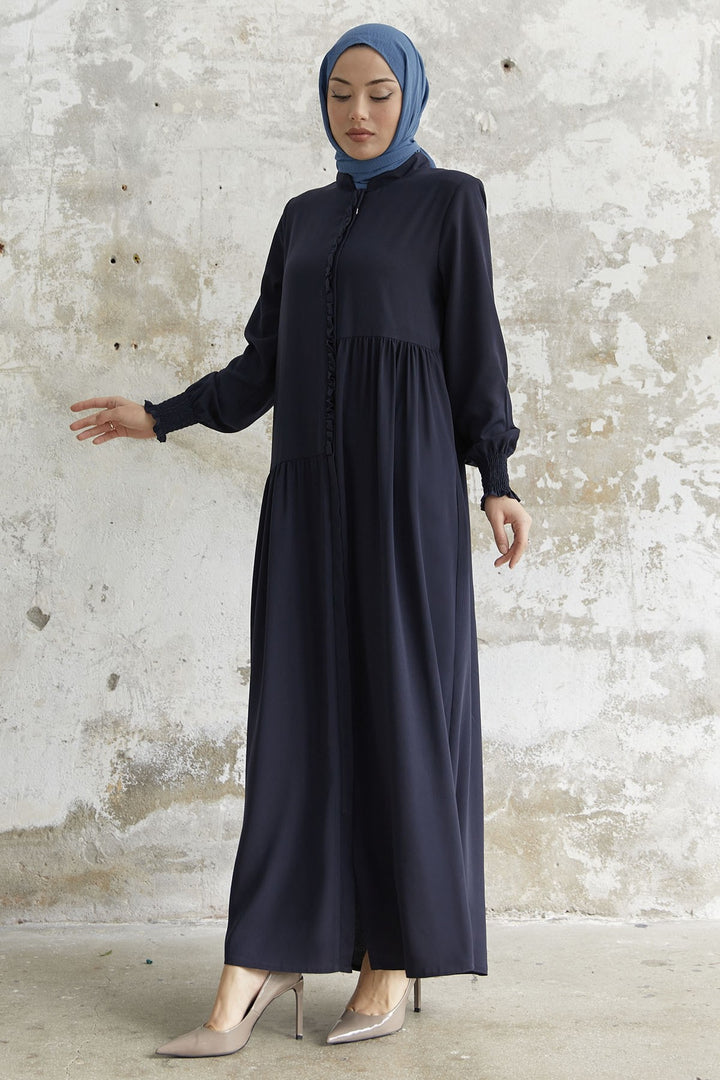 MDS Women Frilled Flared Asymmetric Cut Abaya - Navy Blue - Stolberg