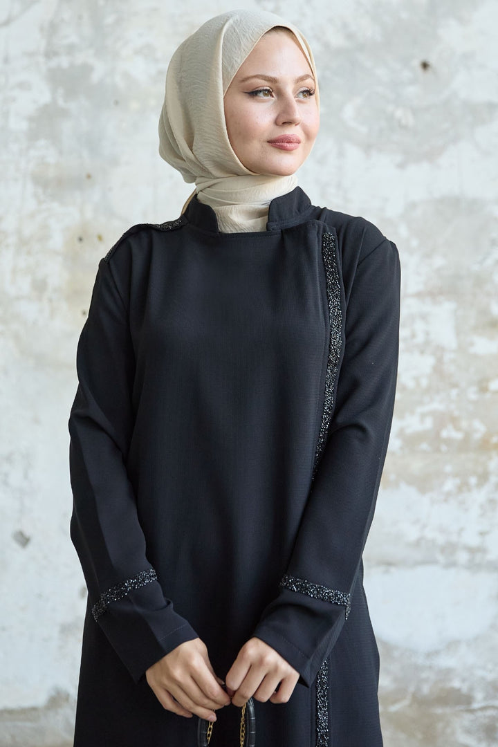 MDS Women Black Abaya with Neck and Front Scarf Embellished with Stones - Caltanissetta