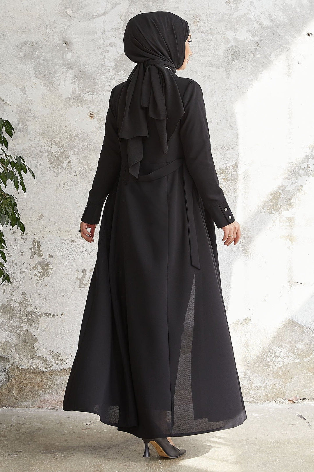 MDS Women Emery Belted Shirt Collar Abaya - Black - Chino Hills