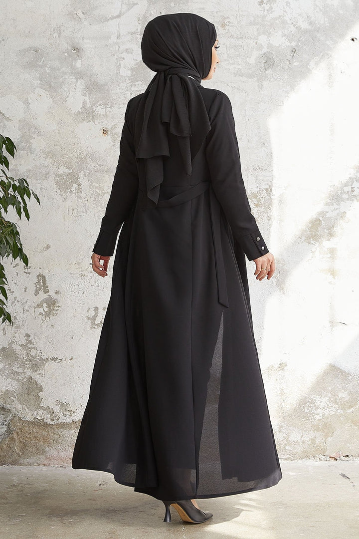 MDS Women Emery Belted Shirt Collar Abaya - Black - Chino Hills