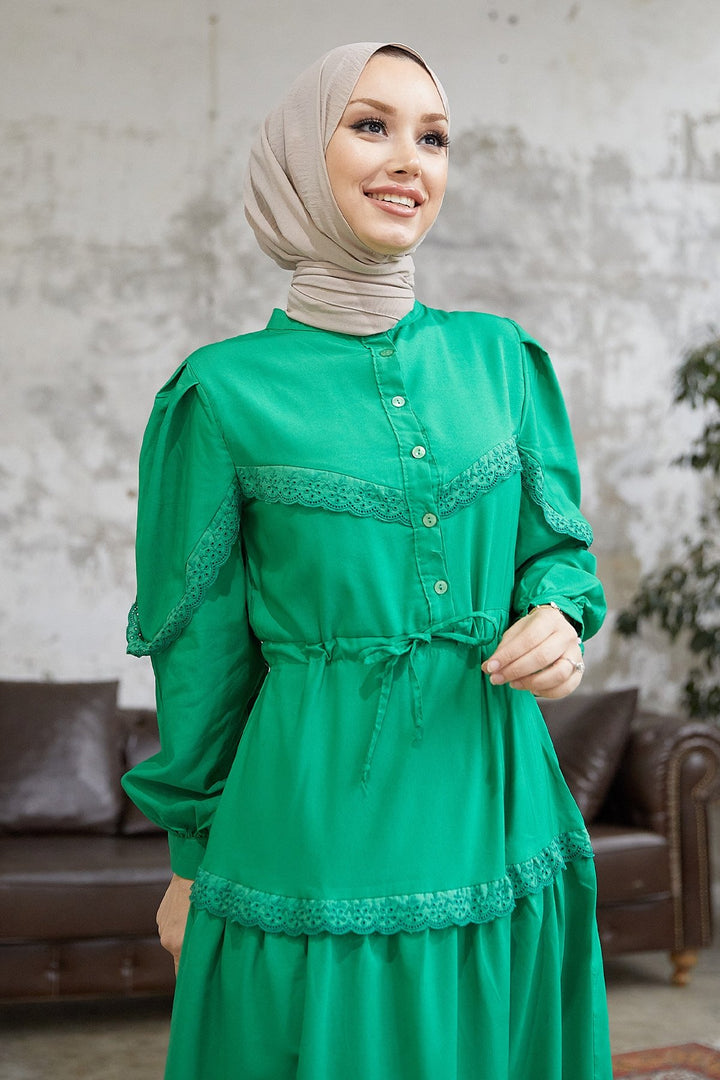 MDS Women Guipure Detail Balloon Sleeve Dress - Green - Chaïdári