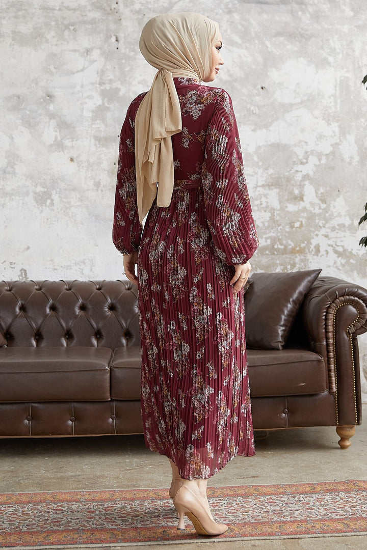 MDS Women Larina Flower Patterned Chiffon Dress - Burgundy - Collado-Villalba