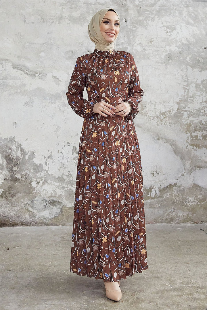 MDS Women Seba Flower Patterned Satin Dress with Ruffle - Dark Brown - Lincoln