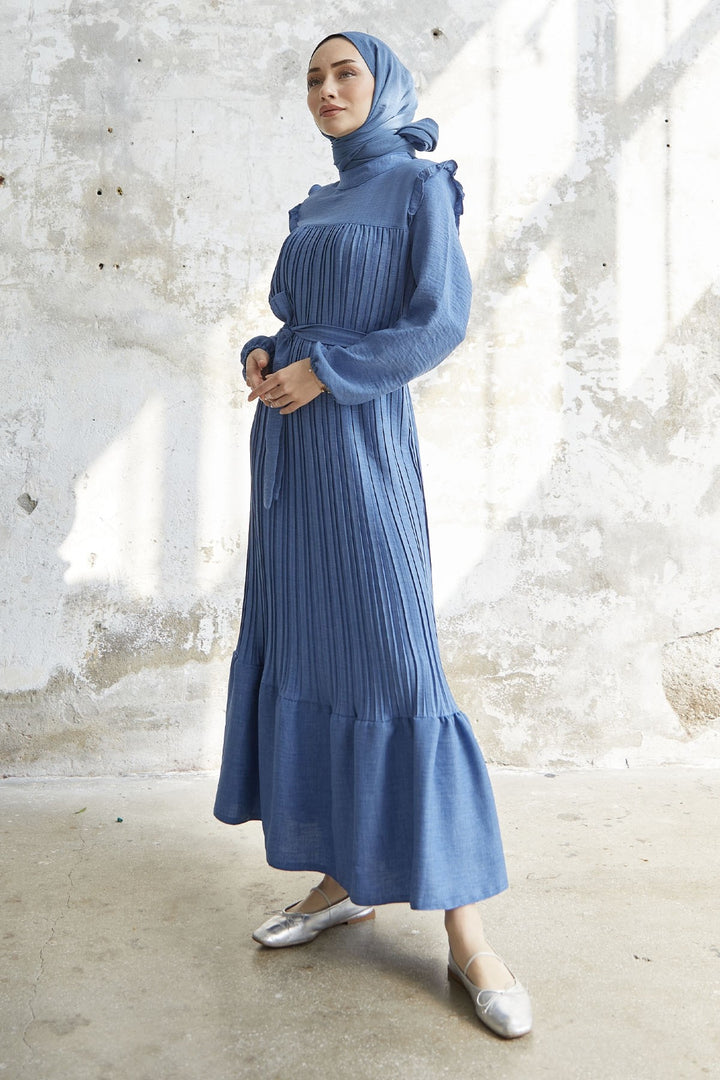 MDS Women Ruffle Trim Linen Dress with Puff Sleeves - Indigo - Goch
