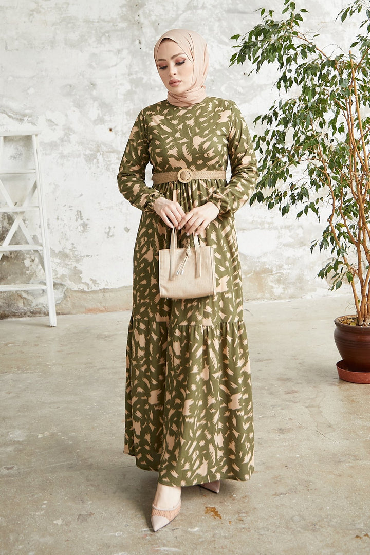 MDS Women Rena Straw Belted Patterned Dress - Khaki - Dewsbury