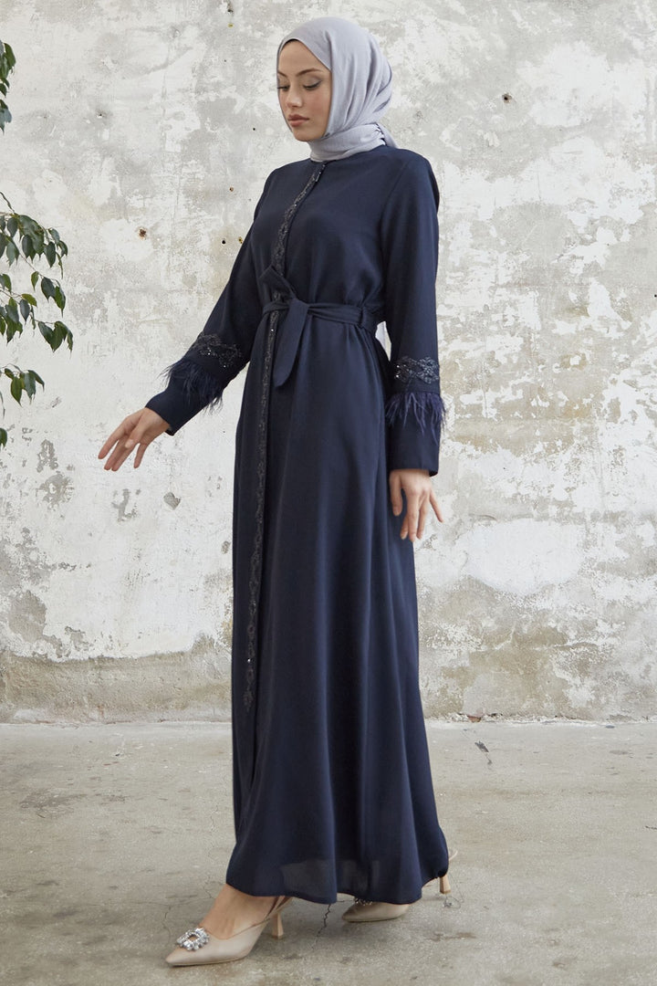 MDS Women Sleeve Tip Feather Detail Stoned Abaya - Navy Blue - Massy