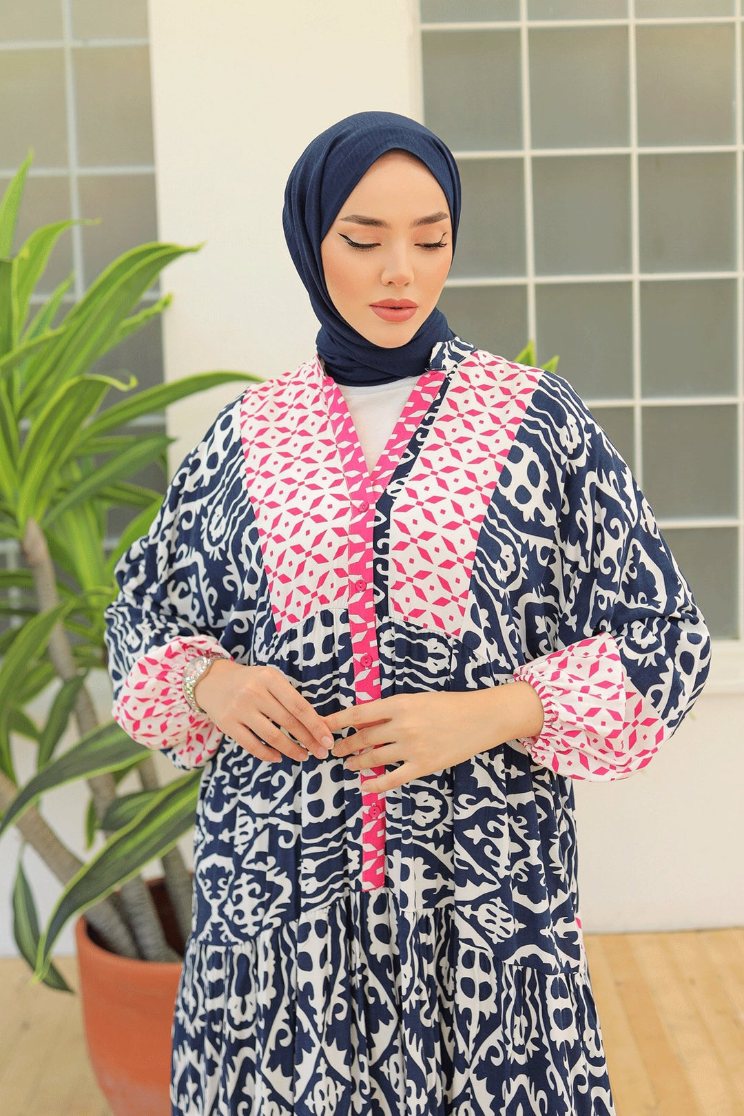 MDS Women Patterned Balloon Sleeve Navy Viscose Dress - Owings Mills