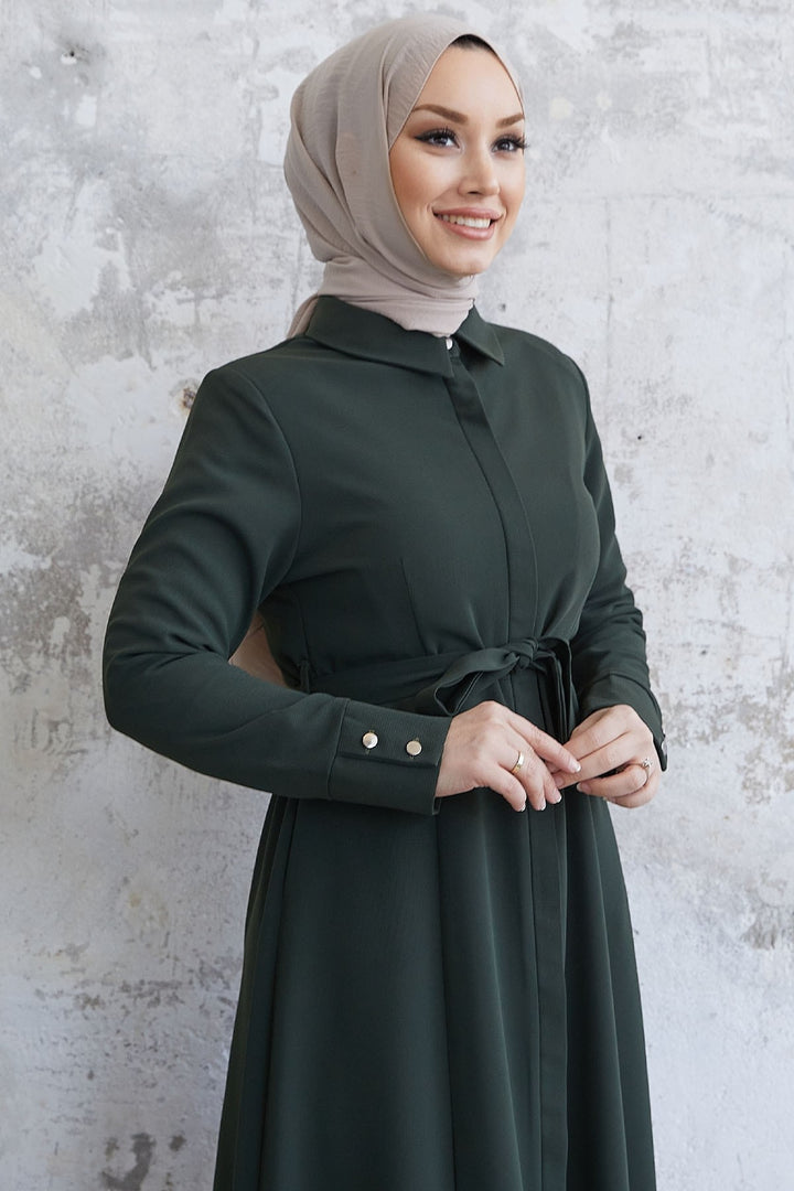MDS Women Emery Belted Shirt Collar Abaya - Khaki - Geldern