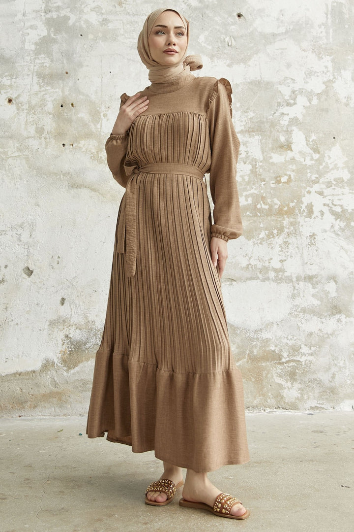 MDS Women Ruffle Trim Linen Dress with Puff Sleeves - Beige - Herzogenrath