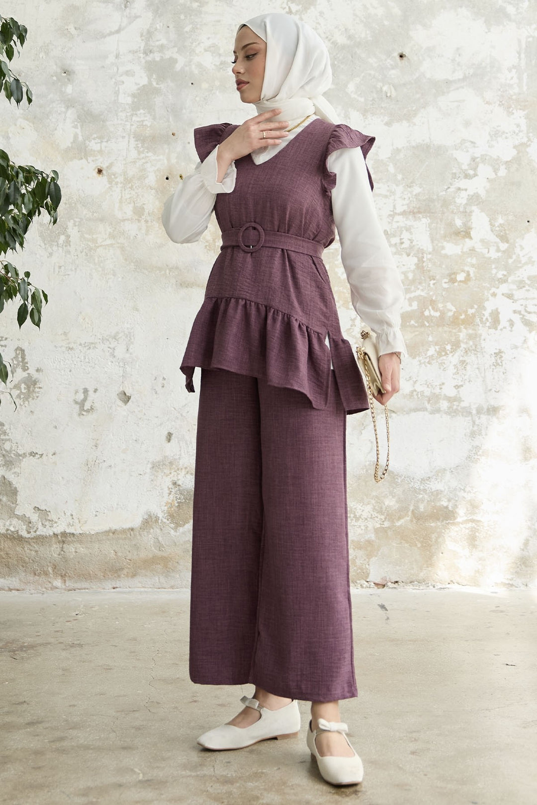MDS Women Ruffled Shoulder Three-Piece Set - Purple - Tres Valles