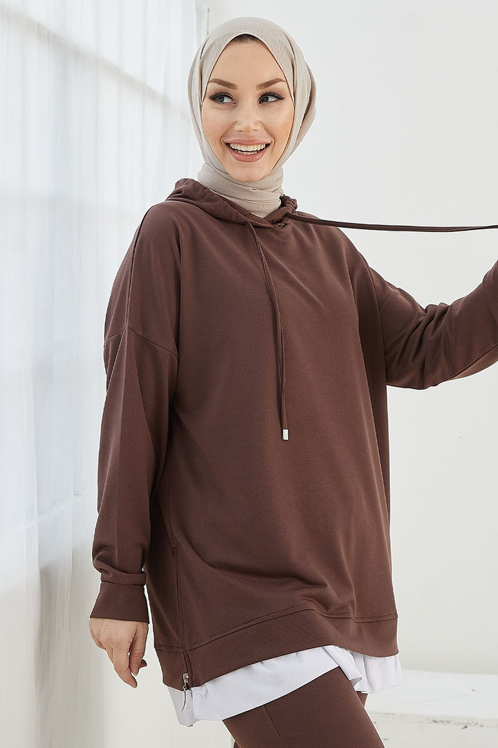 MDS Women Losya Sides Zippered Hooded Two Piece Set - Bitter Brown - Bountiful