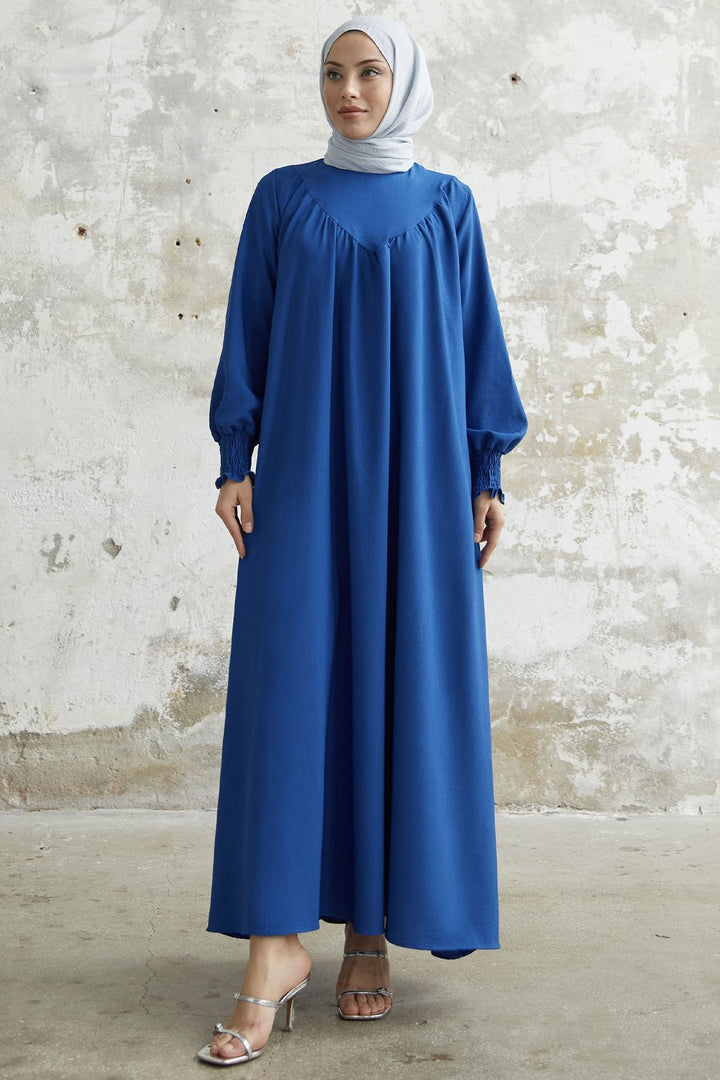MDS Women Gathered Front Dress with Ruffles - Sapphire Blue - Pokrov