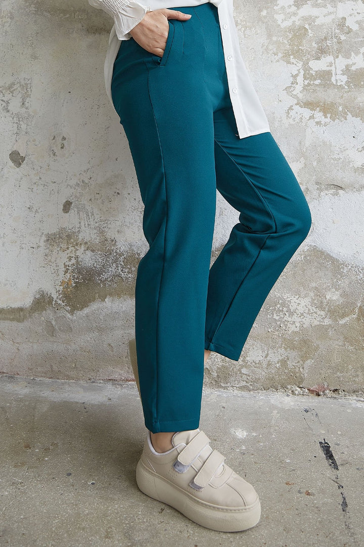 MDS Women High Waist Pleated Double Fabric Pants - Petrol Blue - Bartlett