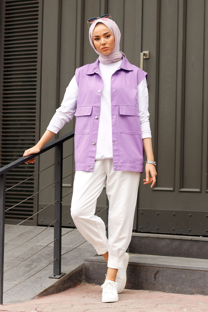 MDS Women Cover Pocket Gabardine Vest - Lilac - Rieti