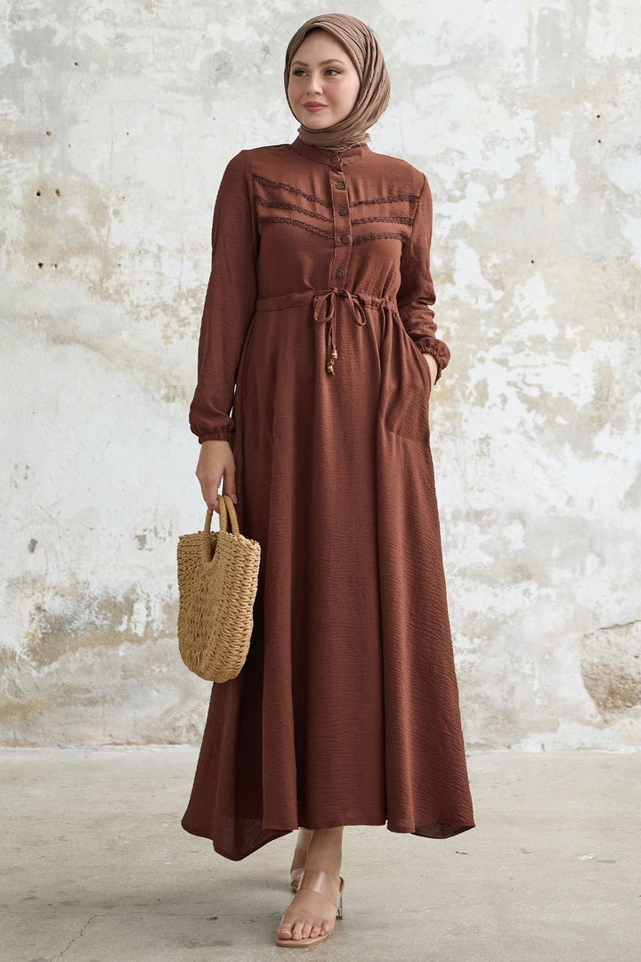 MDS Women Guipure Detail Dark Brown A-line Dress - Rio Tinto