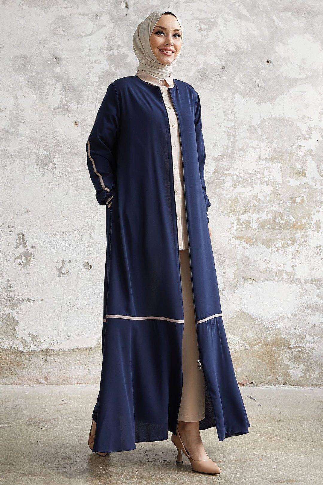 MDS Women Hazel Striped Patterned Abaya - Navy Blue - Halle