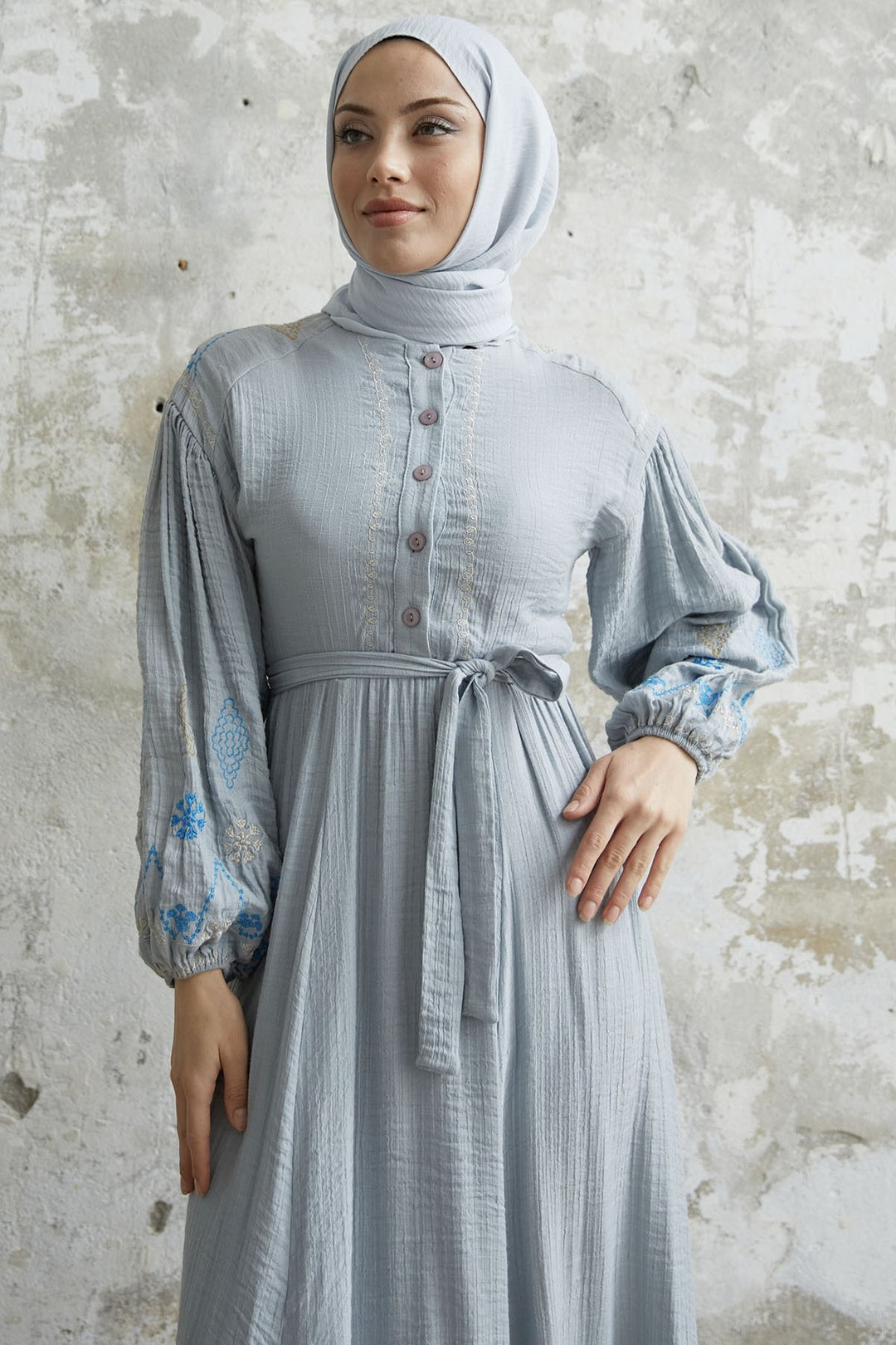 MDS Women Waffle Dress with Embroidered Sleeve - Gray - La Presa