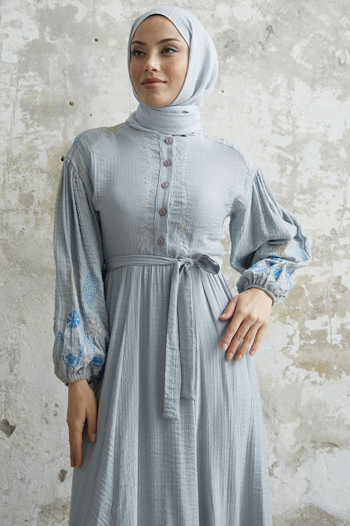 MDS Women Waffle Dress with Embroidered Sleeve - Gray - La Presa