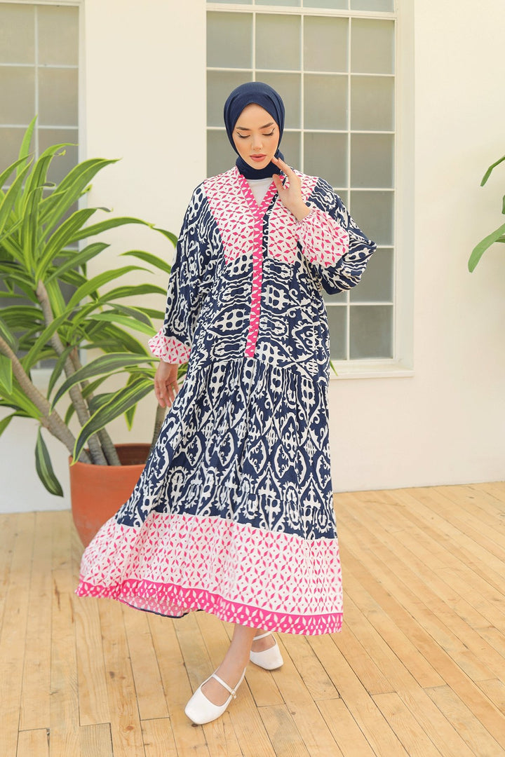 MDS Women Patterned Balloon Sleeve Navy Viscose Dress - Owings Mills