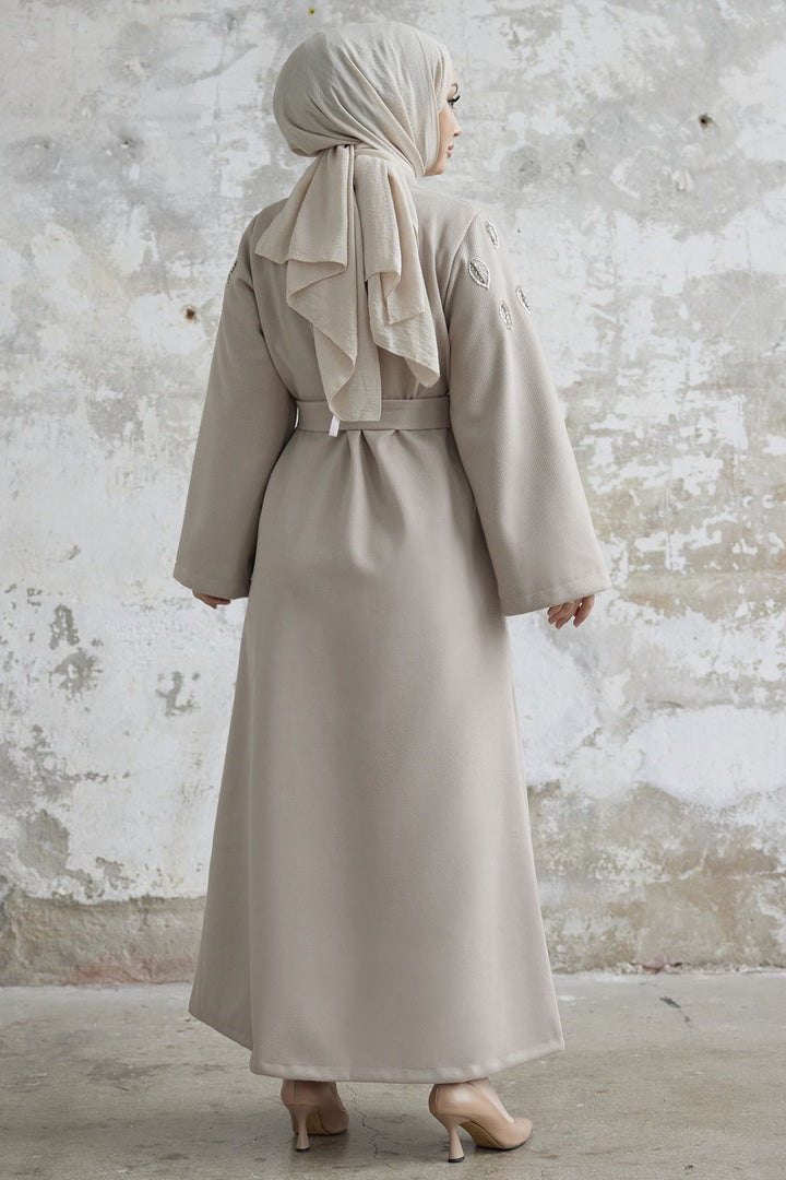 MDS Women Nomira Stone Detail Belted Coat - Cream - Neumarkt