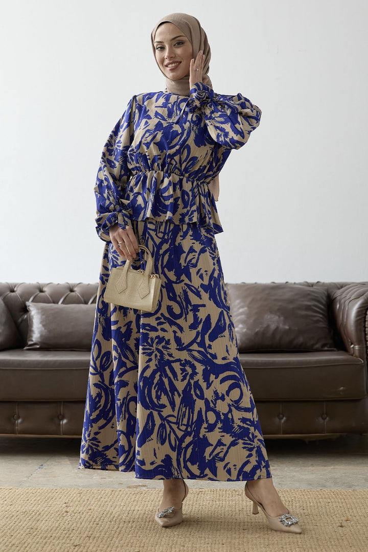 MDS Women Sleeve Tie Patterned Skirt Suit - Sky Blue - Lucca