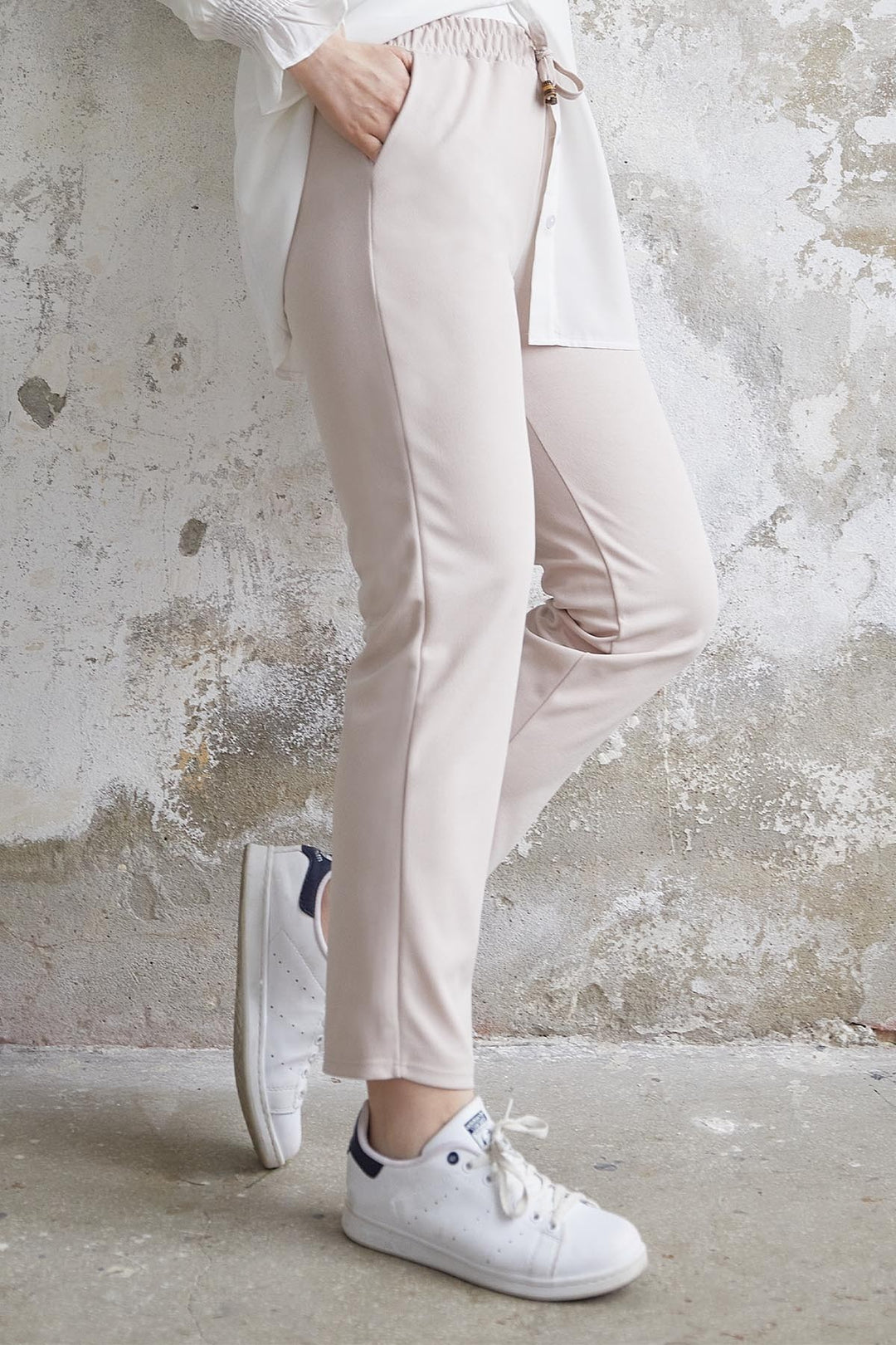 MDS Women Elasticated Waist Lycra Double Fabric Pants - Stone - Beaverton